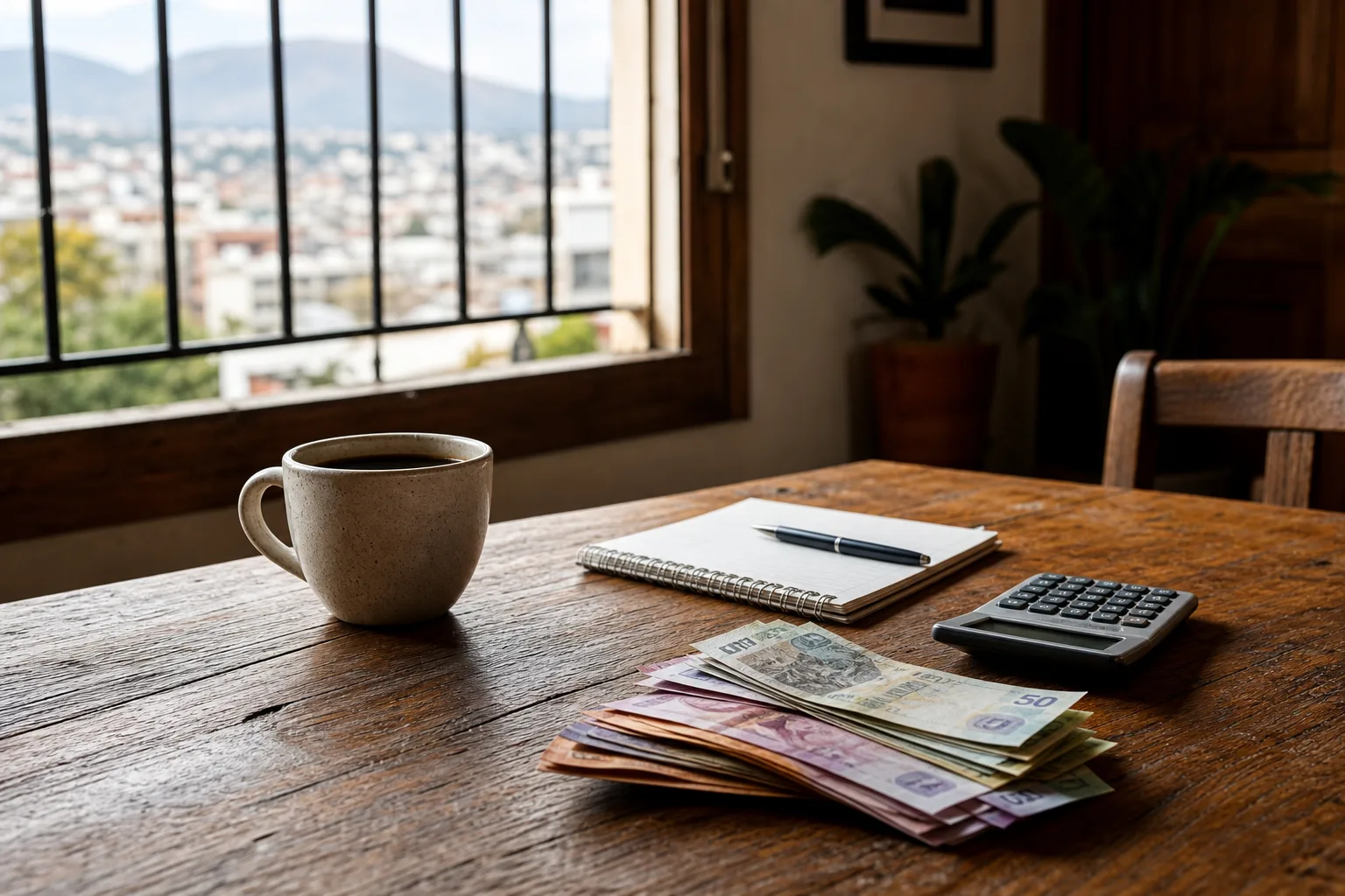 Mesa de madera con libreta, calculadora y billetes de pesos organizados para calcular un presupuesto de boda.
